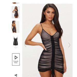 BLACK MESH RUCHED BODYCON DRESS